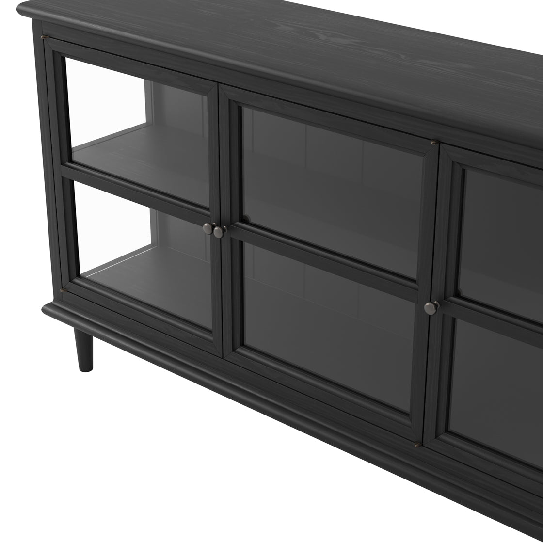 Black entertainment console with glass panels on a white background