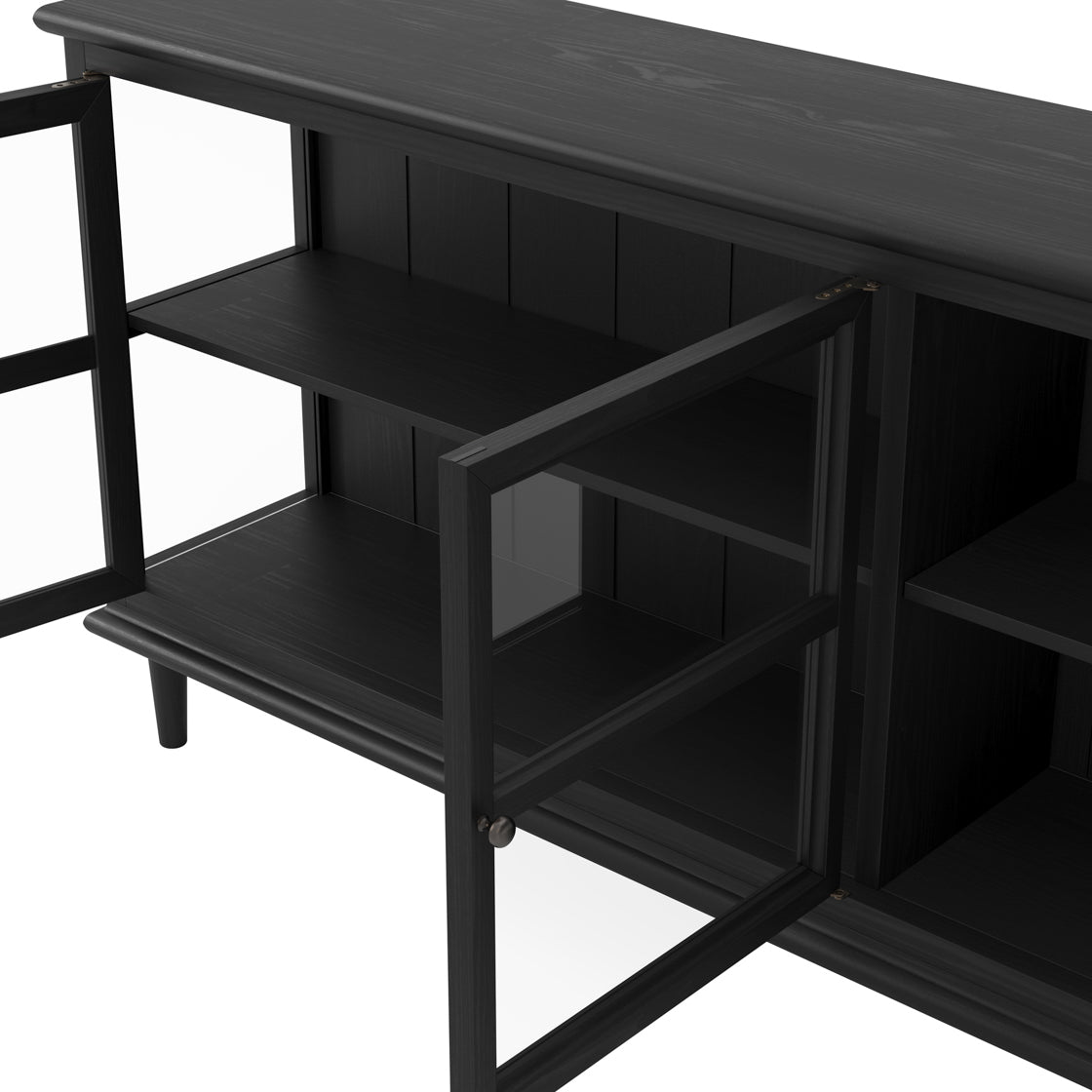 Black wooden desk with shelves on a white background