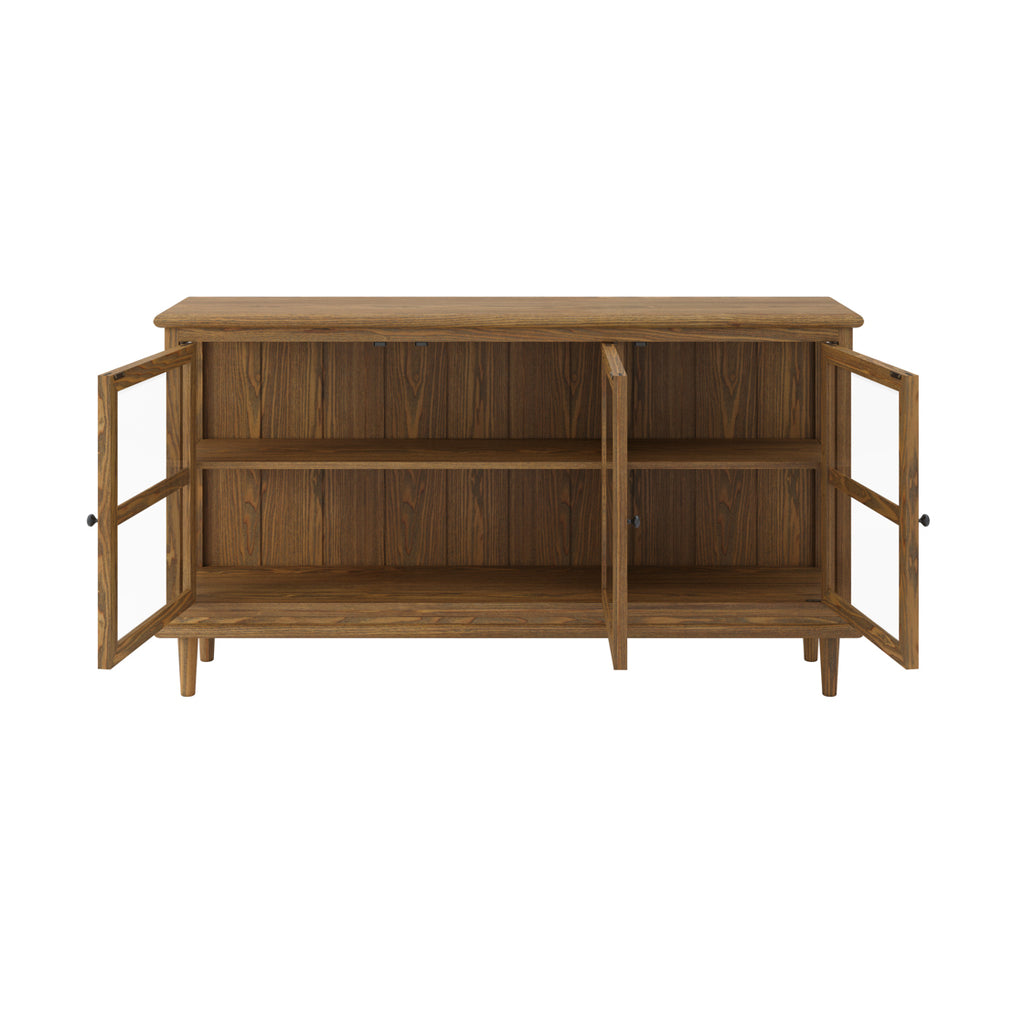 Wooden sideboard with open doors on a white background