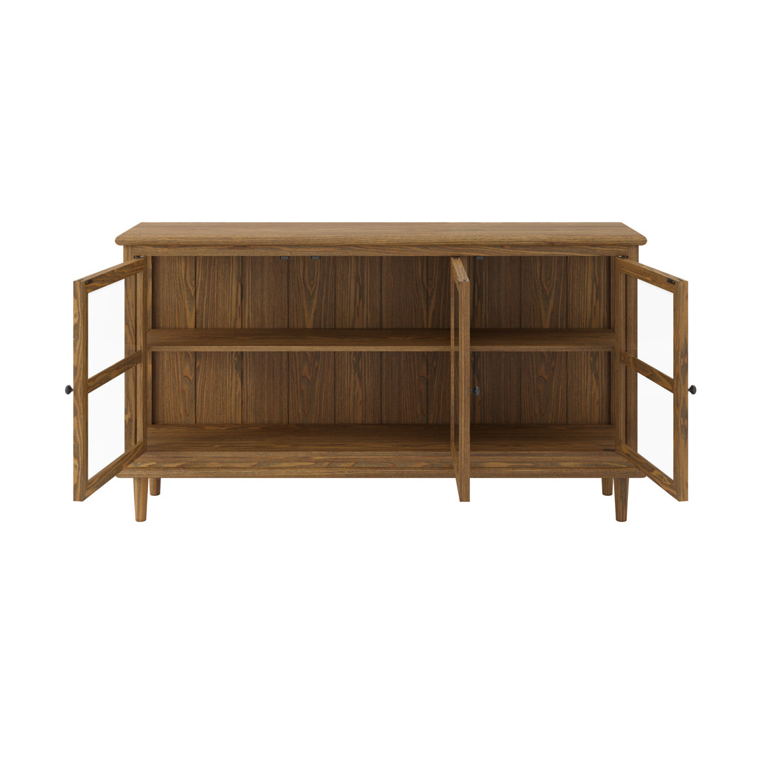 Wooden sideboard with open doors on a white background