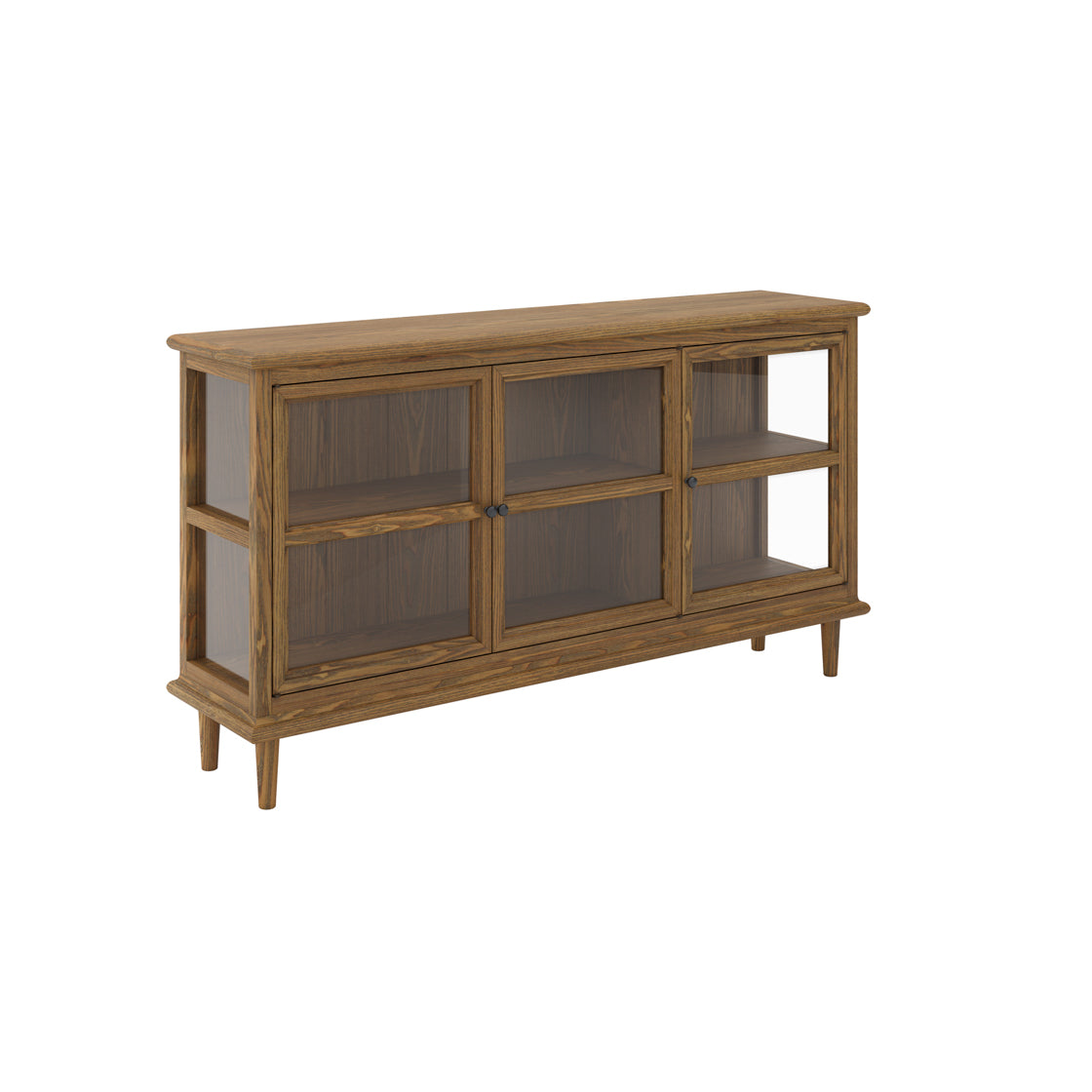 Wooden console table with glass panels on a white background