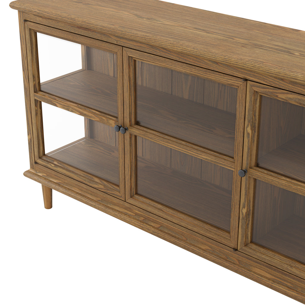 Wooden entertainment console with glass panels on a white background