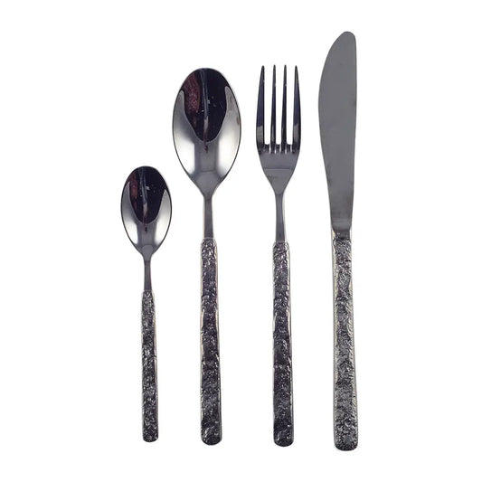 24-Piece Black Glossy Flatware Set with Hammered Finish