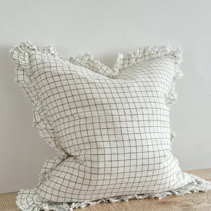 Hallie Ruffled Linen Cushion Cover 45x45 – Olive Check