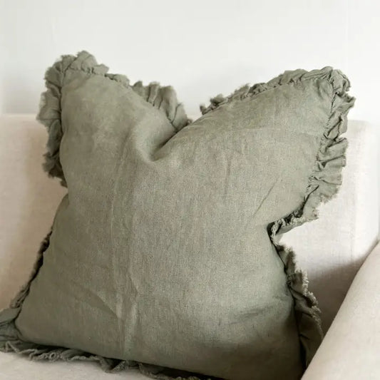 Hallie Ruffled Linen Cushion Cover – Khaki