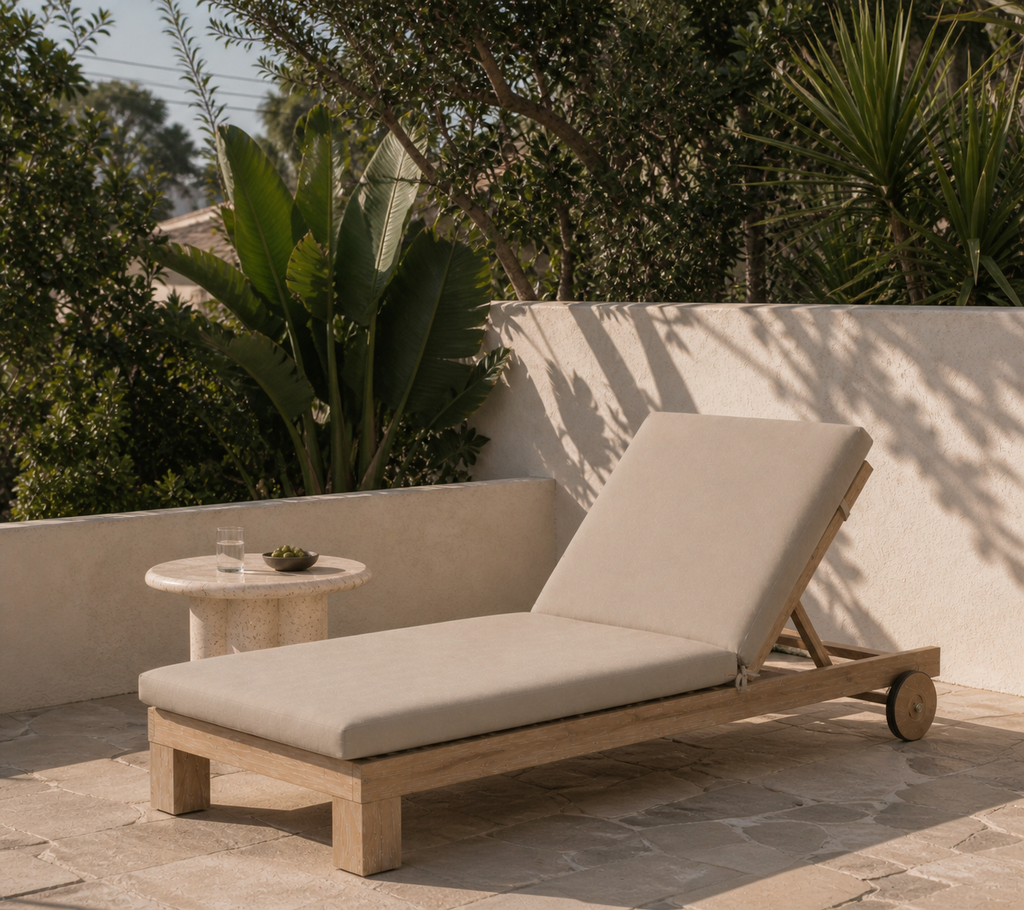 Beige lounge chair on a stone patio with a small table and plants in the background