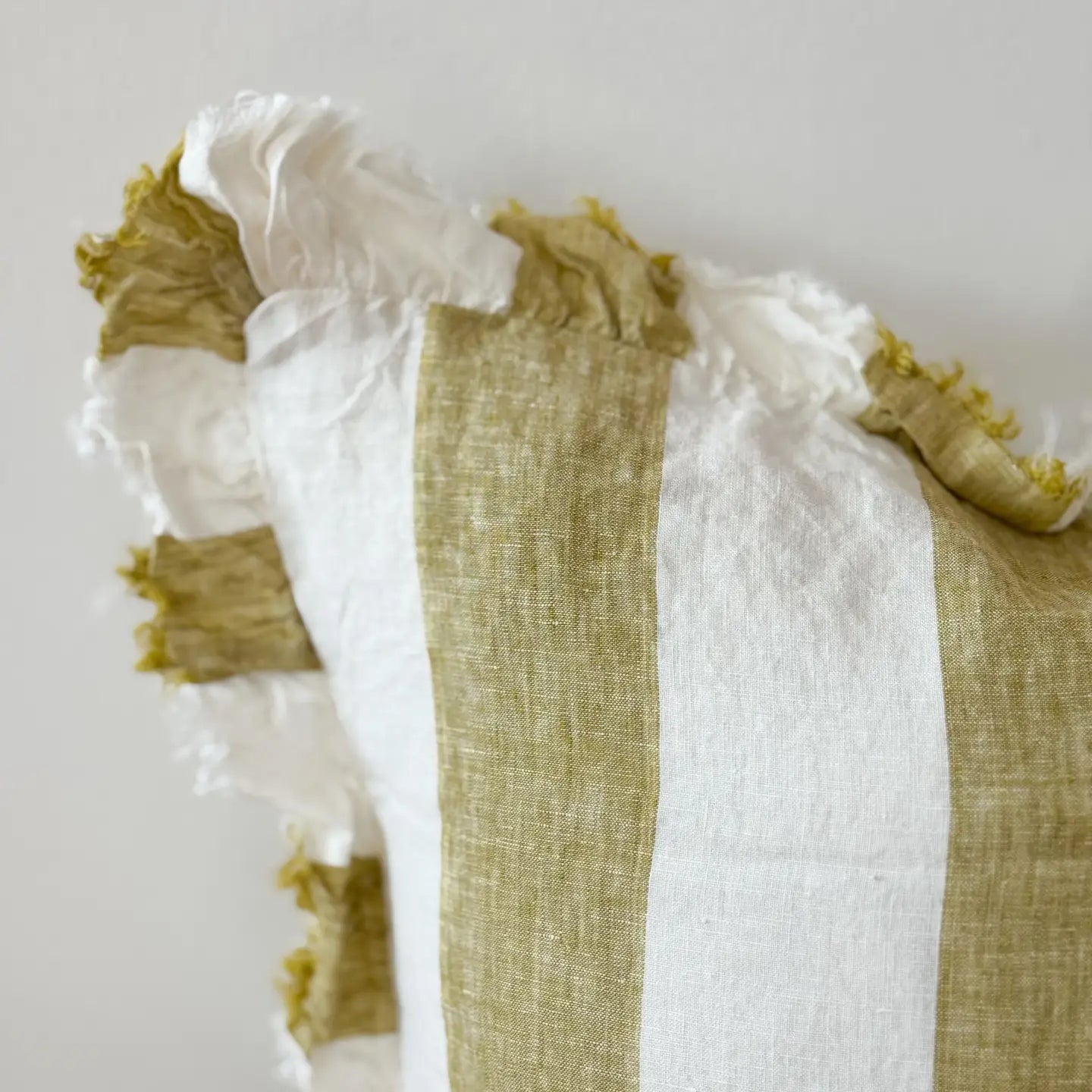 Hallie Ruffled Linen Cushion Cover – Olive Wide Stripe