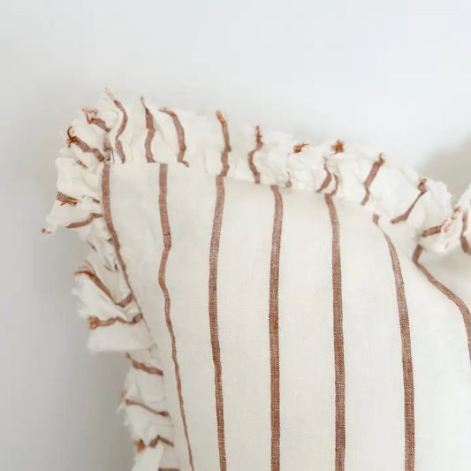 Hallie Ruffled Linen Cushion Cover – Brown & Cream Stripe