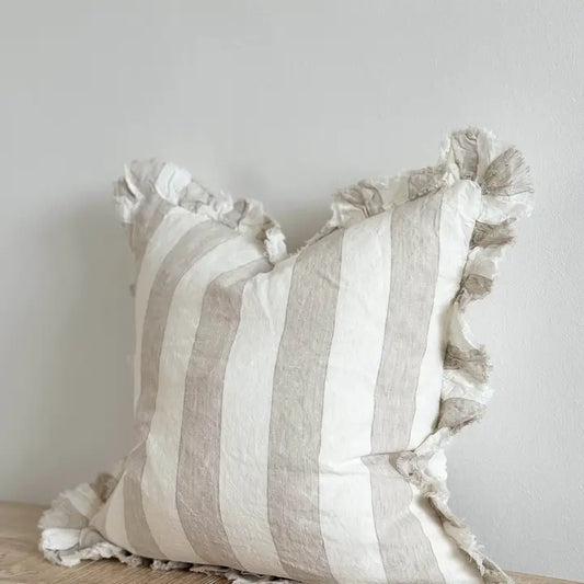 Hallie Ruffled Linen Cushion Cover – Beige & Cream Wide Stripe