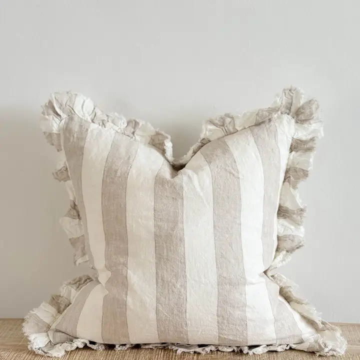 Hallie Ruffled Linen Cushion Cover – Beige & Cream Wide Stripe