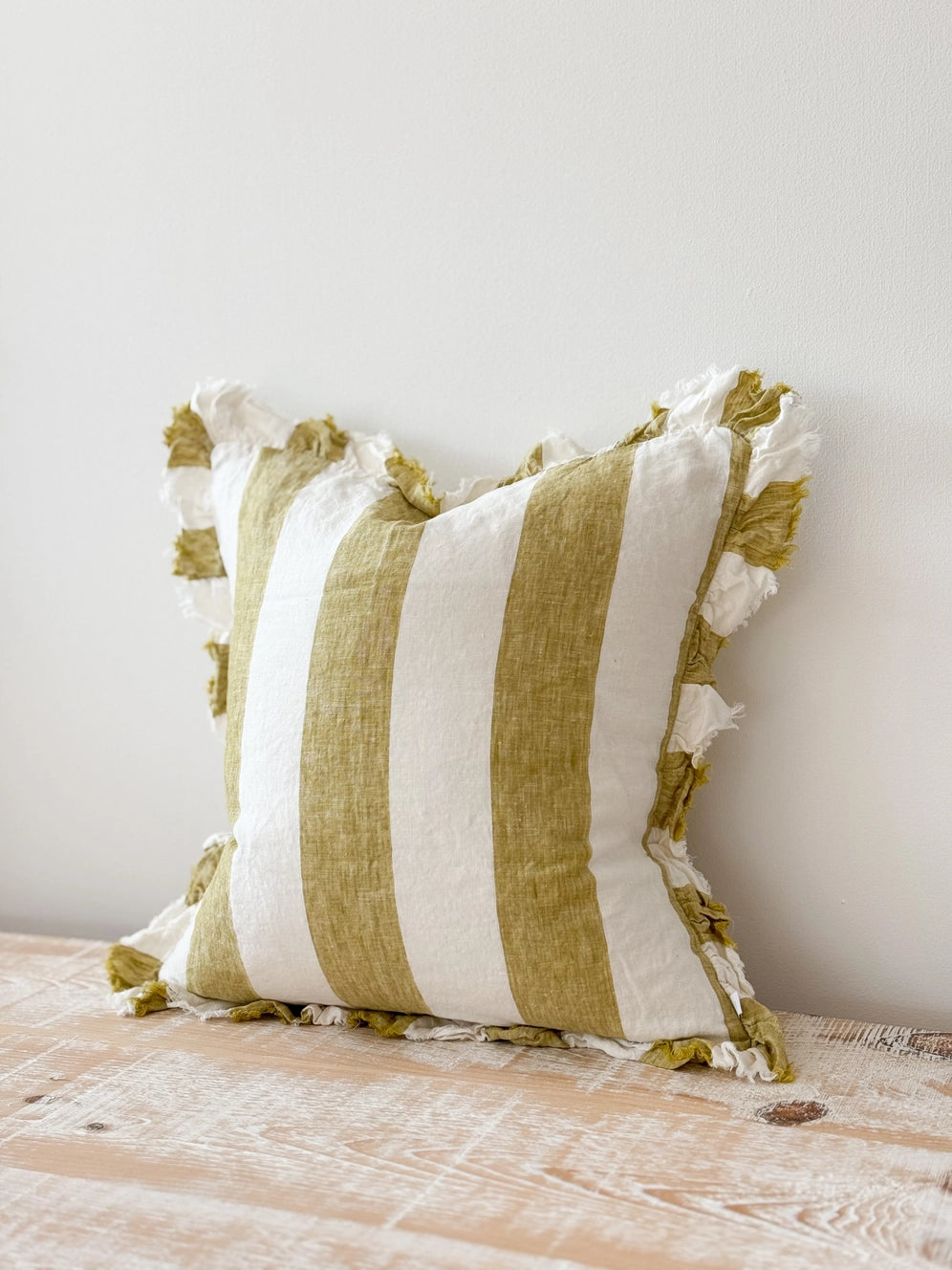 Hallie Ruffled Linen Cushion Cover – Olive Wide Stripe
