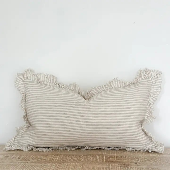 Hallie Ruffled Linen Cushion Cover – Natural Beige Stripe