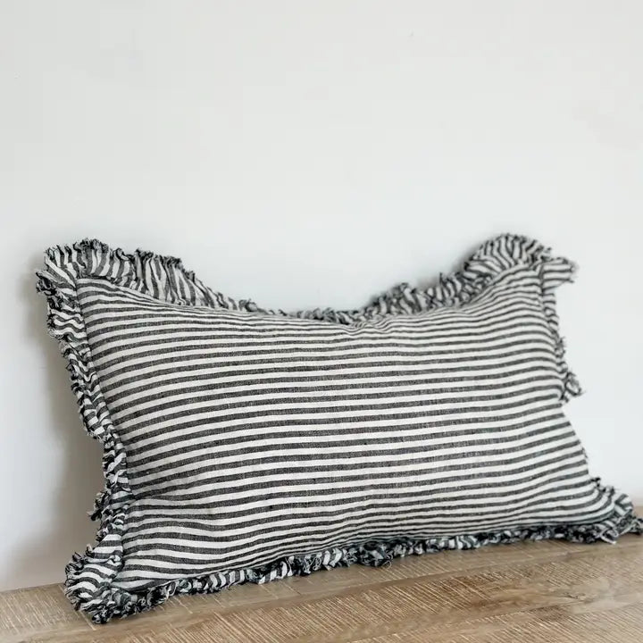 Hallie Ruffled Linen Cushion Cover – Charcoal Stripe