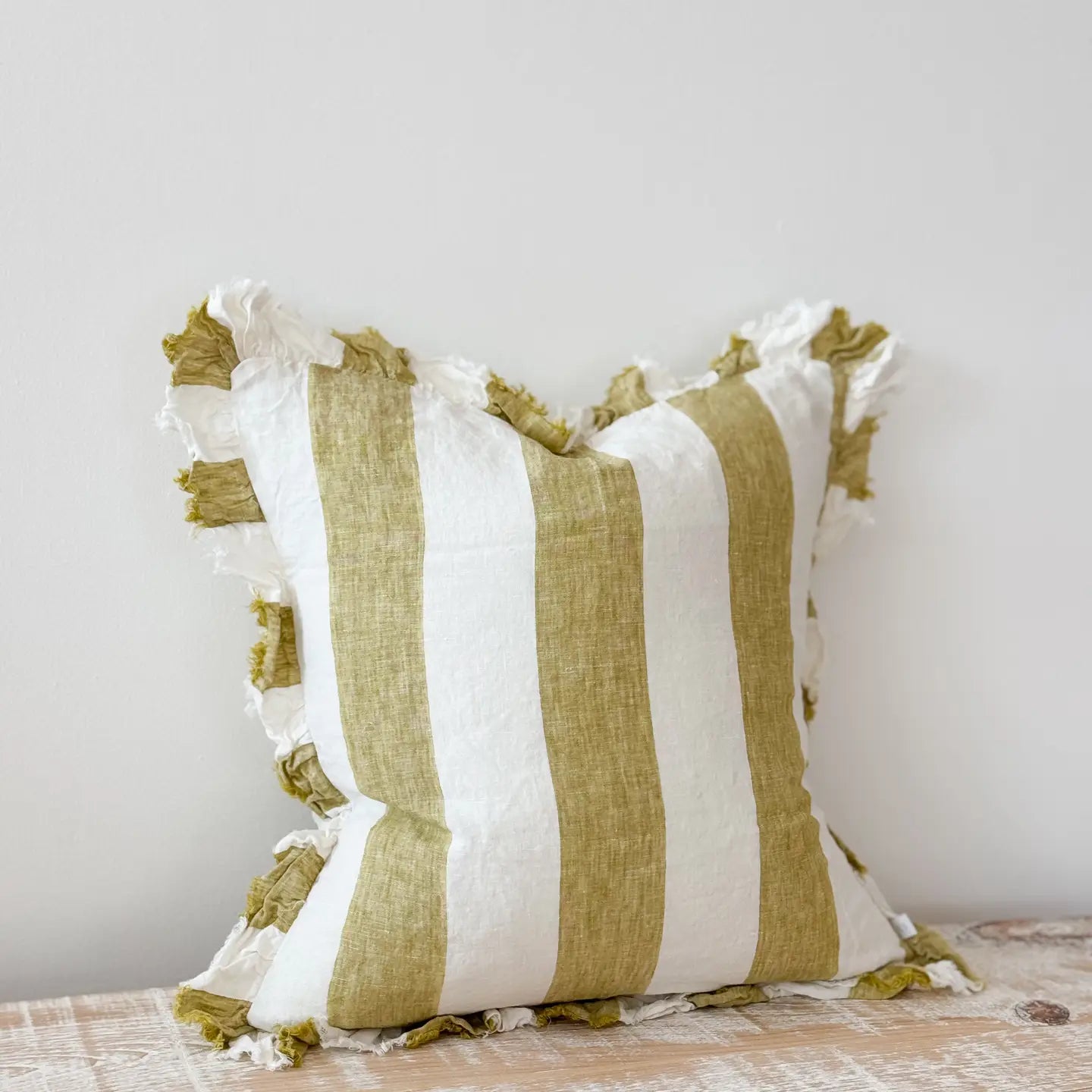 Hallie Ruffled Linen Cushion Cover – Olive Wide Stripe
