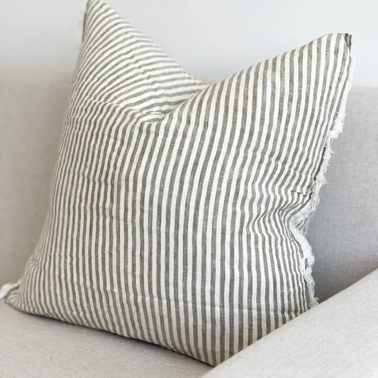Esmee Linen Cushion Cover – Frayed Edge Olive Stripe