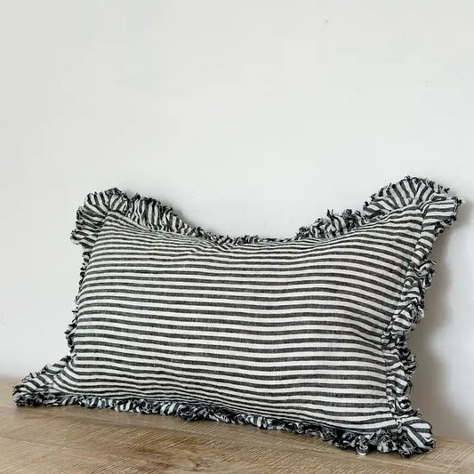 Hallie Ruffled Linen Cushion Cover – Charcoal Stripe