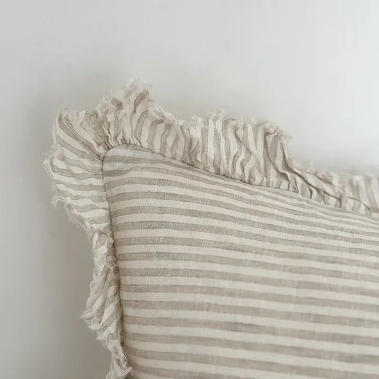 Hallie Ruffled Linen Cushion Cover – Natural Beige Stripe