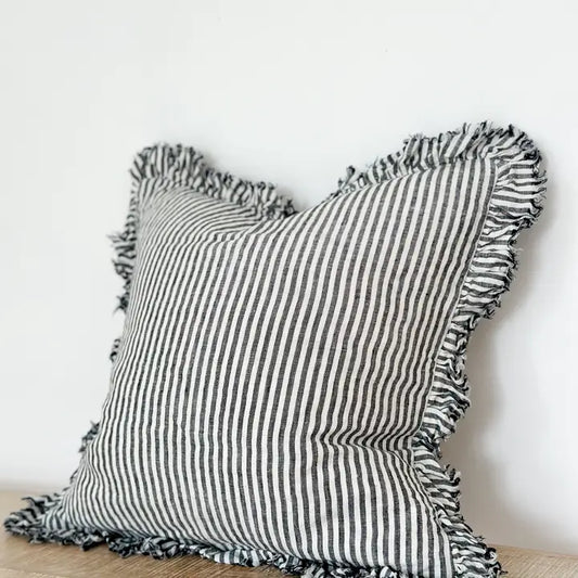 Hallie Ruffle Linen Cushion Cover – Charcoal Stripe