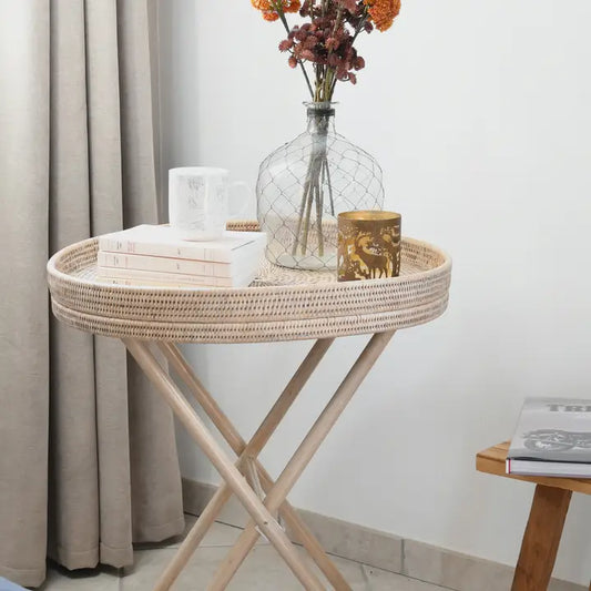 White Cerused Natural Rattan Pedestal Table