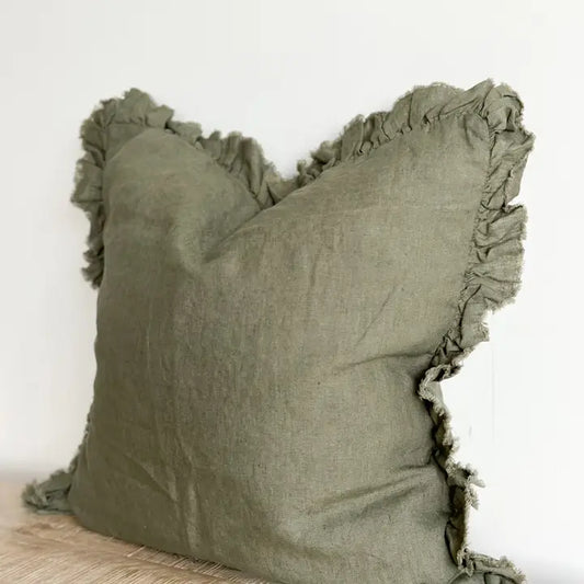 Hallie Ruffled Linen Cushion Cover – Khaki