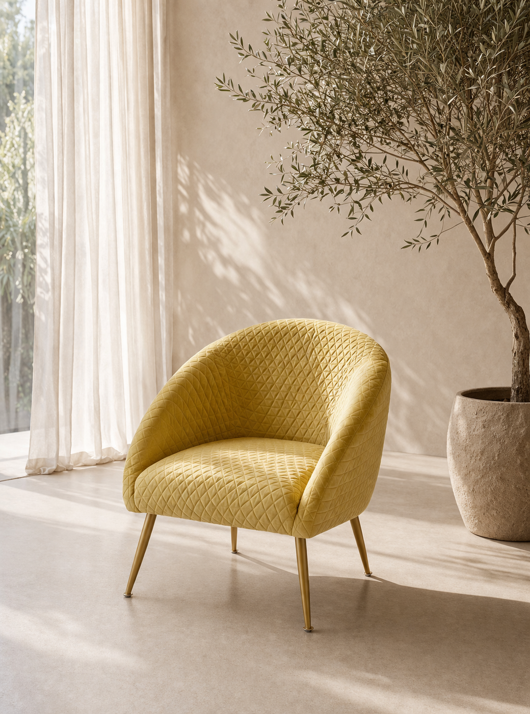 Yellow armchair in a bright room with a potted plant