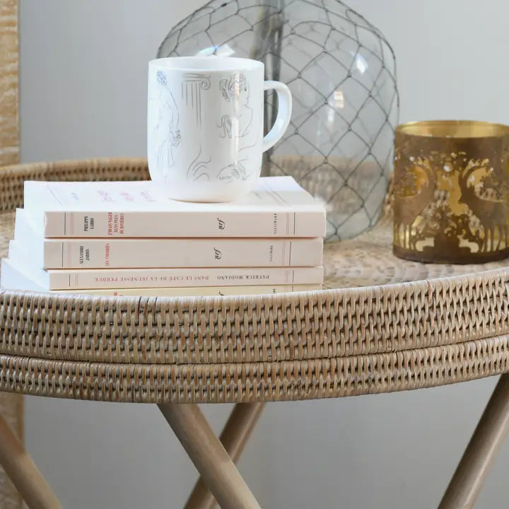 White Cerused Natural Rattan Pedestal Table