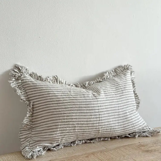 Hallie Ruffled Linen Cushion Cover  – Grey Stripe - Set of 2