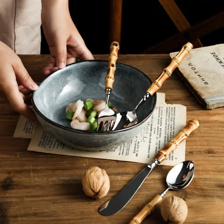 Gohobi A Set of 6 Pieces Bamboo Handle Cutlery